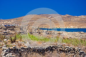 Ancient ruins in the island of Delos in Cyclades, one of the most important mythological, historical and archaeological sites.