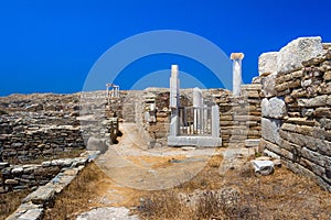 Ancient ruins in the island of Delos in Cyclades, one of the most important mythological, historical and archaeological sites.