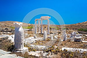 Ancient ruins in the island of Delos in Cyclades, one of the most important mythological, historical and archaeological sites.