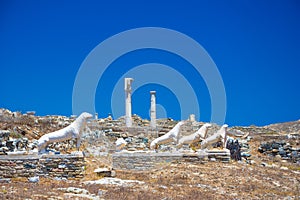 Ancient ruins in the island of Delos in Cyclades, one of the most important mythological, historical and archaeological sites.