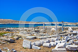 Ancient ruins in the island of Delos in Cyclades, one of the most important mythological, historical and archaeological sites.