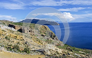 Ancient ruins on the Island of Sun Isla del Sol on Titicaca lake in Bolivia