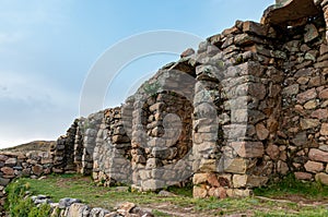 Ancient ruins on the Island of Sun Isla del Sol on Titicaca lake in Bolivia