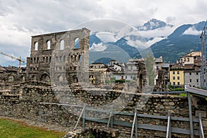 Ancient ruins of old roman amphiteatre built in Aosta.