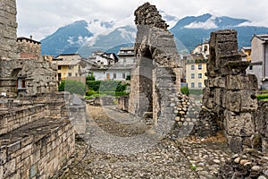 Ancient ruins of old roman amphiteatre built in Aosta.