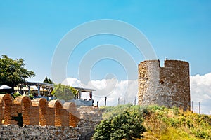 Ancient ruins Old windmill and church of the holy mother eleusa in Nessebar, Bulgaria