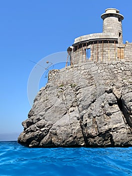 ancient ruins Pirate tower with beautiful view, introductory tour to Torre Picada near Port de SÃÂ³ller, mediterranean sea, clear photo