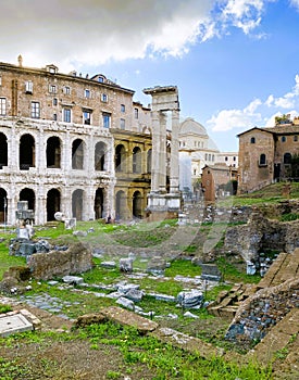 Ancient ruins in the Roman Forum and Colosseum area in Rome, Italy