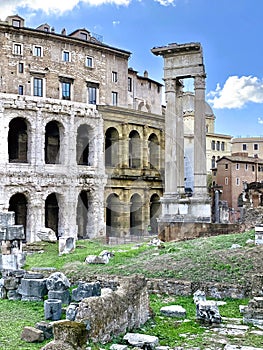 Ancient ruins in the Roman Forum and Colosseum area in Rome, Italy