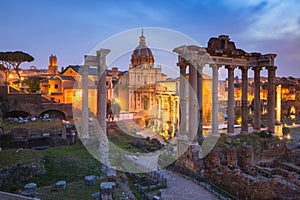 Ancient ruins of Roman Forum at sunrise, Rome, Italy