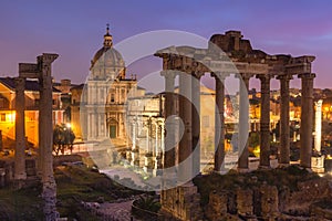 Ancient ruins of Roman Forum at sunrise, Rome, Italy