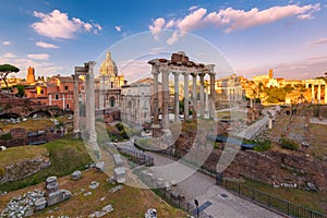 Ancient ruins of Roman Forum at sunset, Rome, Italy