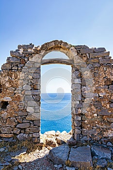 Ancient ruins of Spinalonga a fortified leper colony. The fortress was built by the Venetians