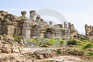 The ancient ruins of a temple are a popular tourist destination. Side, Turkey