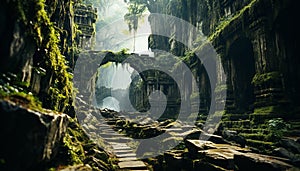 Ancient ruins in tropical rainforest, a tranquil scene of spirituality generated by AI