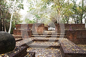 Ancient ruins ubosot ordination hall and antique old ruin tempel for thai people traveler travel visit and respect praying holy