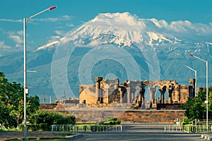 ancient ruins of Zvartnots temple, Armenia, view of Mount