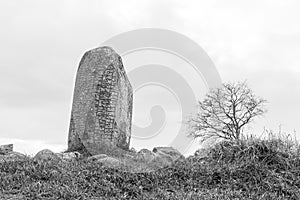 Ancient rune stone in black and white