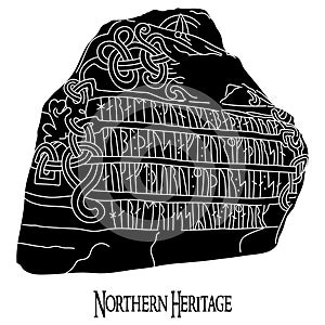 Ancient runestone with engraved Scandinavian pattern and runes