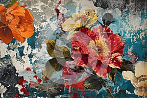 ancient Russia , digital collage with flowers that combines vintage imagery with abstract shapes and textures and ripped paper and