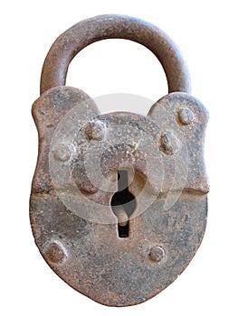 Ancient rusted old lock isolated over white