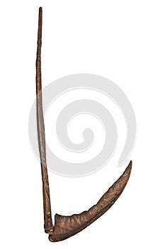 Ancient rusted scythe isolated on white photo