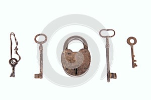 Ancient rusty padlock with collection of keys isolated on white background