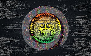 Ancient Sacred Mayan sun god, Aztec wheel calendar, Maya symbols ethnic mask. Psychedelic round frame border old logo icon. Grunge