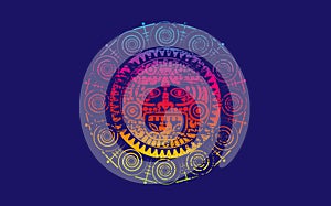 Ancient Sacred Mayan sun god, Aztec wheel calendar, Maya symbols ethnic mask. Psychedelic round frame border old logo icon. Grunge