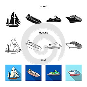 Ancient sailboat, motor boat, scooter, marine liner.Ships and water transport set collection icons in black,flat,outline