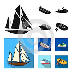 Ancient sailboat, motor boat, scooter, marine liner.Ships and water transport set collection icons in black, flat style