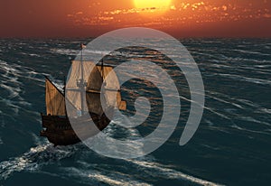 Antico navigazione nave sul tramonto 