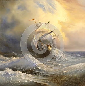 Ancient sailing vessel in stormy