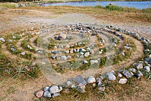 Ancient Sami stone labyrinth on Solovetsky Island photo