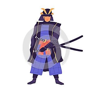 Ancient samurai taking his sword. Armored Japanese warrior standing in traditional clothes and helmet. Medieval oriental