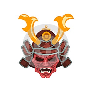 Ancient Samurai warrior war helmet with horns vector Illustration on a white background