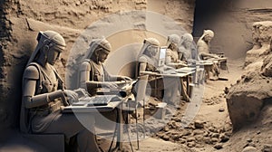 ancient sand statues typing on keyboards