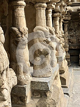 Ancient sandstone animal sculpture at kailasanathar temple in Kancheepuram, Tamil Nadu