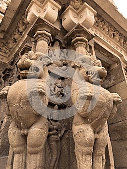 Ancient sandstone animals sculpture at kailasanathar temple in Kancheepuram, Tamil Nadu