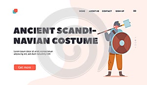 Ancient Scandinavian Costume Landing Page Template. Kid in Viking Suit, Warrior Boy Character Wear Horned Helmet