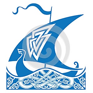 An ancient Scandinavian image of a Viking ship and celtic pattern. Drakkar logo photo