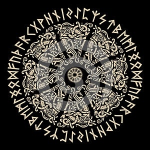 Ancient Scandinavian ornament, shield Viking and Scandinavian runes photo