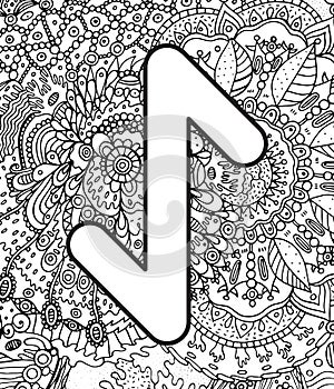 Ancient scandinavic rune eiwas with doodle ornament background. Coloring page for adults. Psychedelic fantastic mystical artwork.