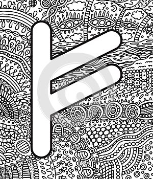 Ancient scandinavic rune fehu with doodle ornament background. Coloring page for adults. Psychedelic fantastic mystical artwork.