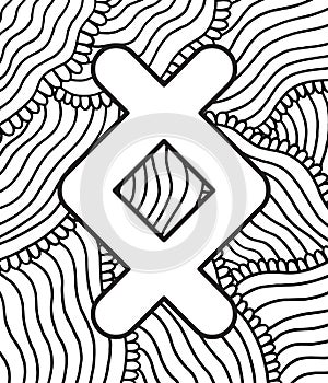 Ancient scandinavic rune ingwaz with doodle ornament background. Coloring page for adults. Psychedelic fantastic mystical artwork