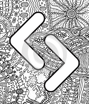 Ancient scandinavic rune jera with doodle ornament background. Coloring page for adults. Psychedelic fantastic mystical artwork.