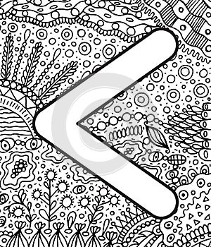 Ancient scandinavic rune kanu with doodle ornament background. Coloring page for adults. Psychedelic fantastic mystical artwork.