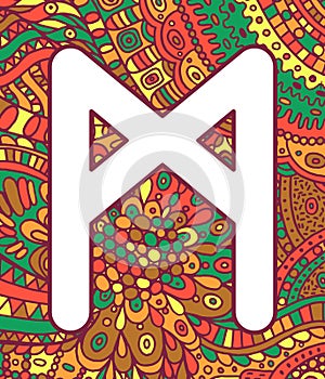 Ancient scandinavic rune mannaz with doodle ornament background. Colorful psychedelic fantastic mystical artwork. Vector