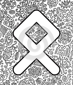 Ancient scandinavic rune othala with doodle ornament background. Coloring page for adults. Psychedelic fantastic mystical artwork photo