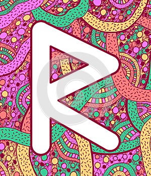 Ancient scandinavic rune raido with doodle ornament background. Colorful psychedelic fantastic mystical artwork. Vector photo